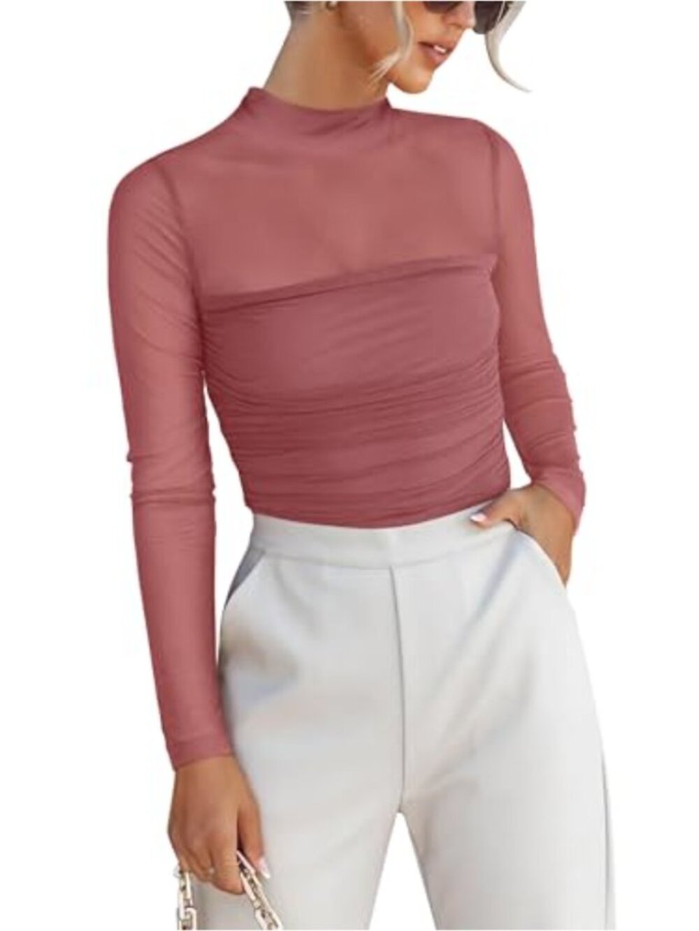 Women's Sheer Mesh Long Sleeve Mock Neck Ruched Knit Going Out Top